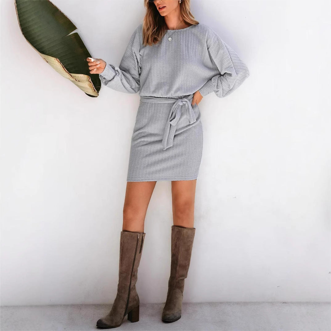 Belt Decorative Long Sleeve Sunken Stripe Woolen Knit Dress