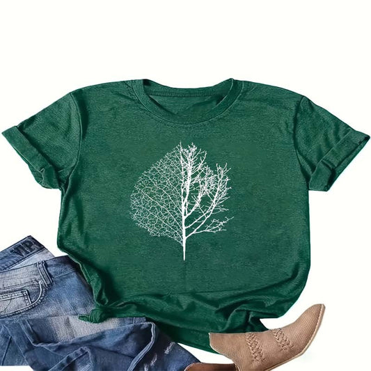 Women's Leaf Vein Print T-Shirt Nature Style Casual Short Sleeve Crew Neck Summer Top