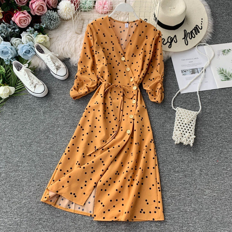 Polka dot lace chiffon dress over the knee midi skirt