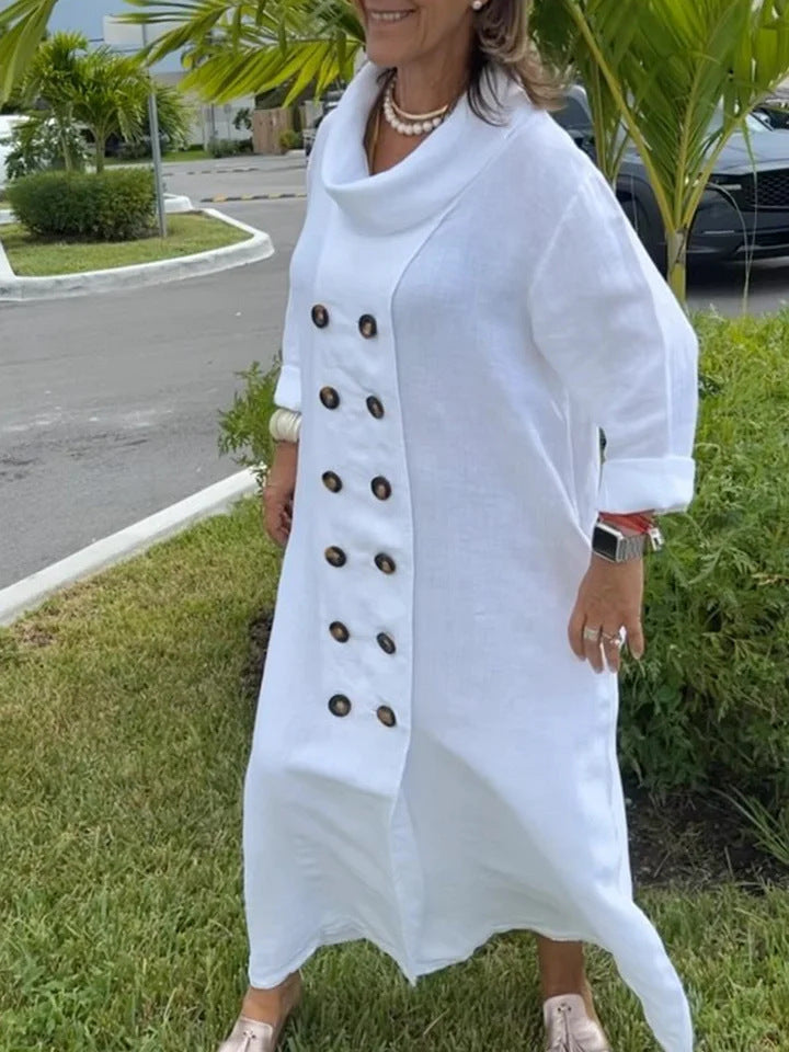Solid Color Holiday Leisure Button Artistic Style Fashion Cotton And Linen Dress