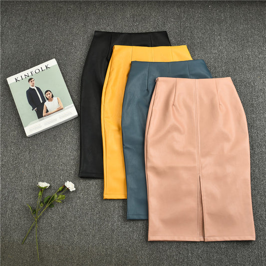 Slim leather high waist midi skirt