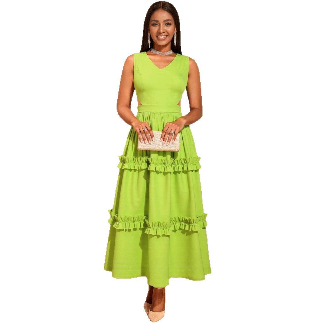 High-grade Waist Hollow Sexy V-neck Party Dress