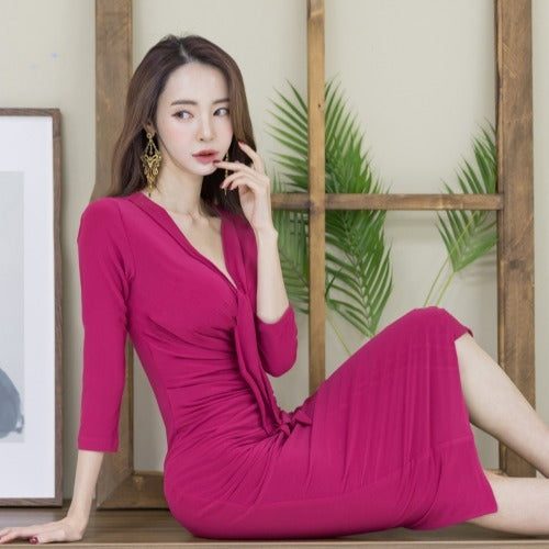 V Neck Slim Fit Over The Knee Mid Length Dress Pencil Skirt