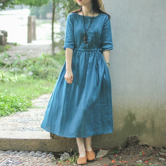 Women's Retro Organ Pleated Cotton And Linen Midi Dress