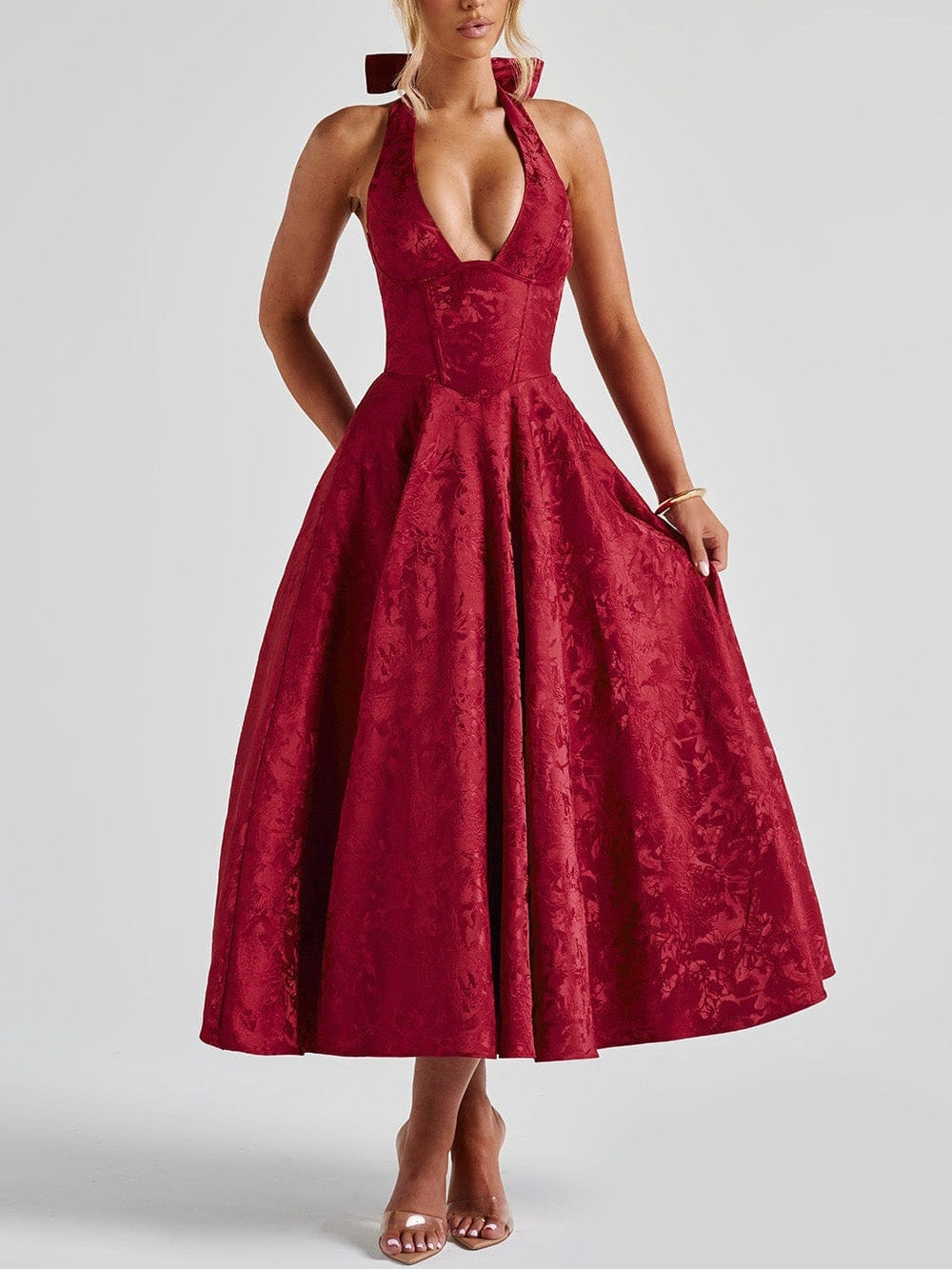 V-neck Halter Sleeveless Jacquard Lace-up Waist Vacation Style Long Senior Dress