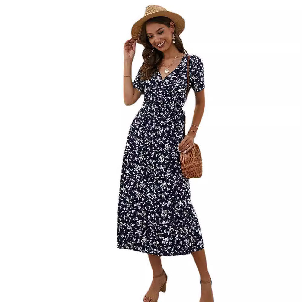 European And American Printed V-neck High Waist Midi Dress
