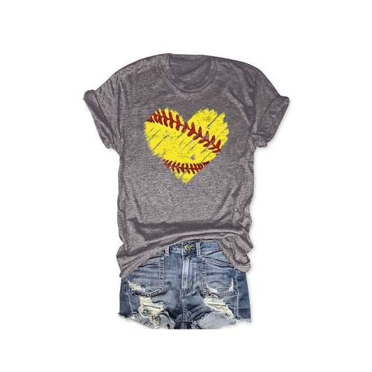 Women's Round Neck Yellow Heart Baseball Print Short Sleeve T-Shirt Sporty Casual Summer Top