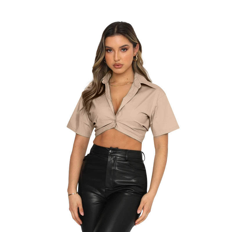 Summer Short-sleeved Polyester Cotton Solid Color Cute Single-breasted Lapel Shirt For Women