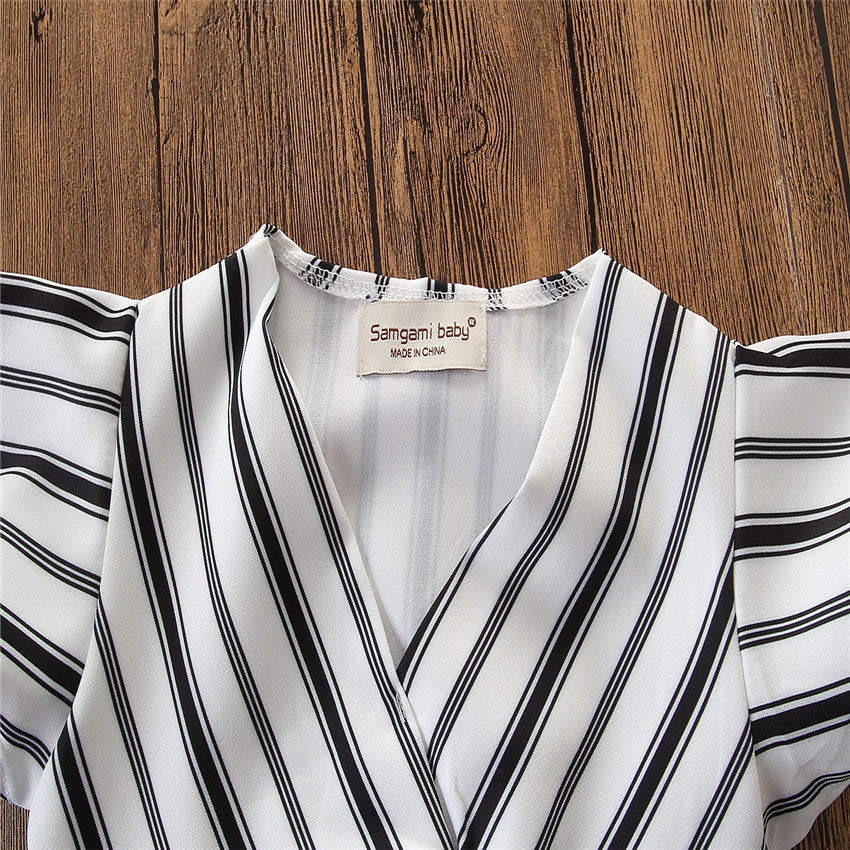 Fashionable white striped mini Fly sleeve dress for girls