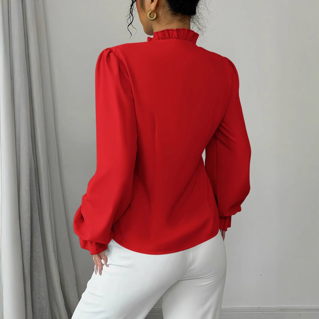 Women's Elegant French Asymmetrical Button-down Collar Ruffle Long Sleeve Blouse