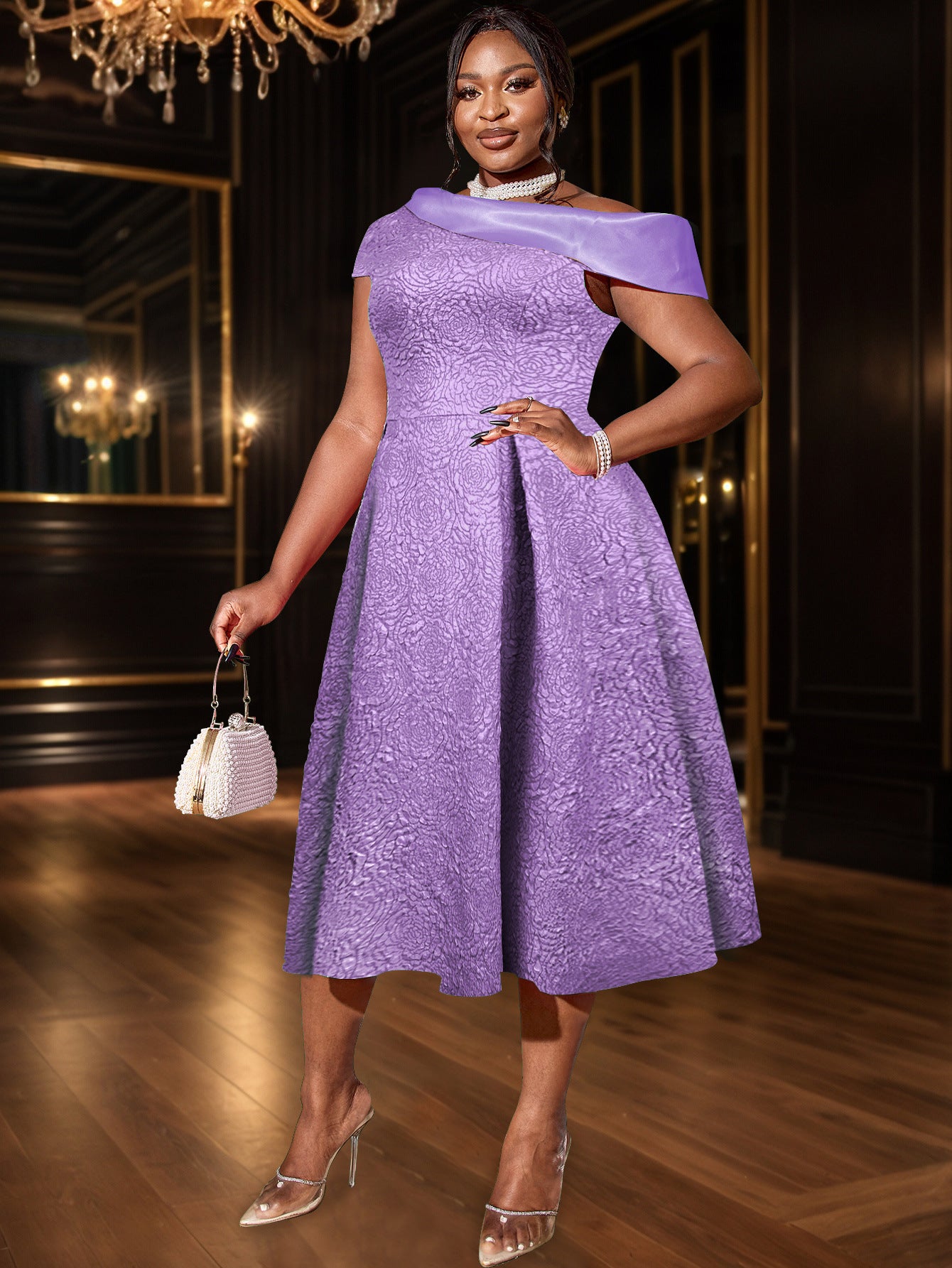 Jacquard Party Banquet Diagonal Collar Large Skirt A- Line Dress