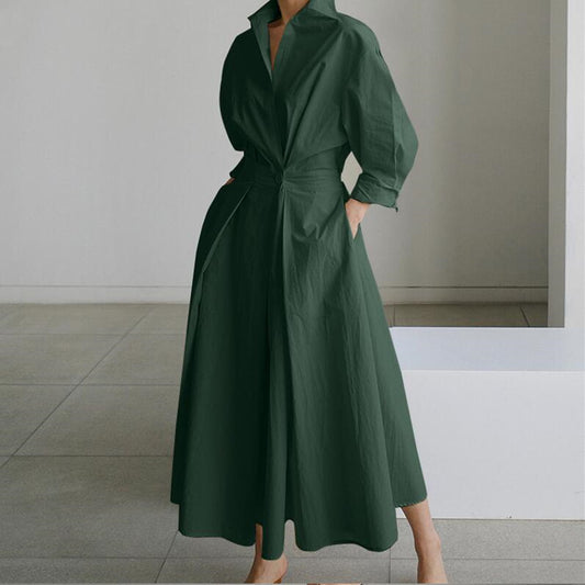 Temperament Commuter Cotton Hemp Clean Color Flip Collar POLO Collar Shirt Sleeves Elastic Waist Big Swing Dress