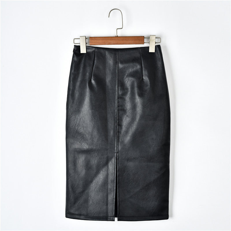Slim leather high waist midi skirt