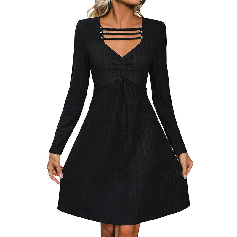 Long Sleeve Sunken Stripe Solid Color Knitted Dress
