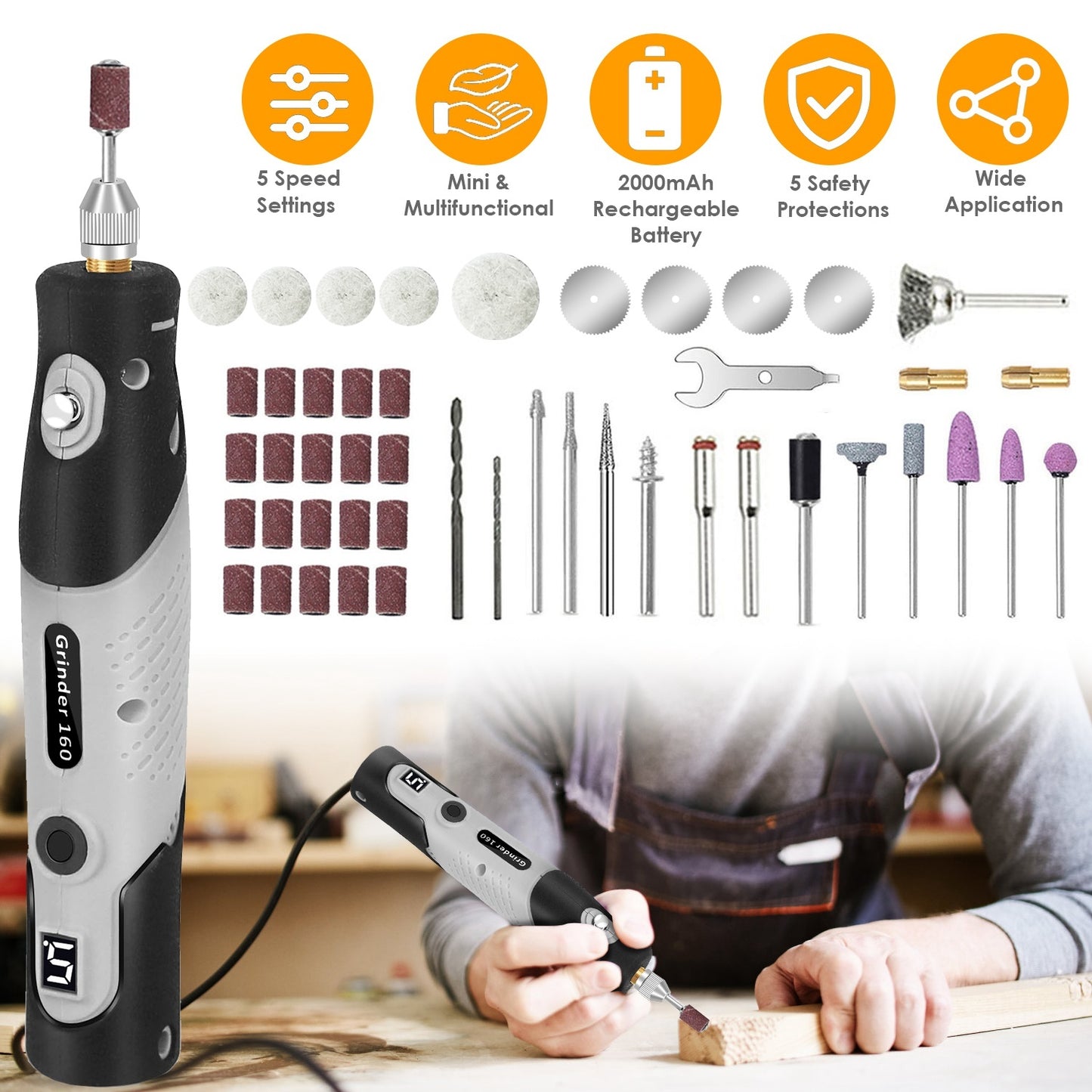 Set Of 116Pcs 4V Cordless Rotary Tool Kit Power Rotary Tools With 5 Speeds 2000mAh Rechargeable Battery For Sanding Polishing Drilling Engraving Cutting Grinding