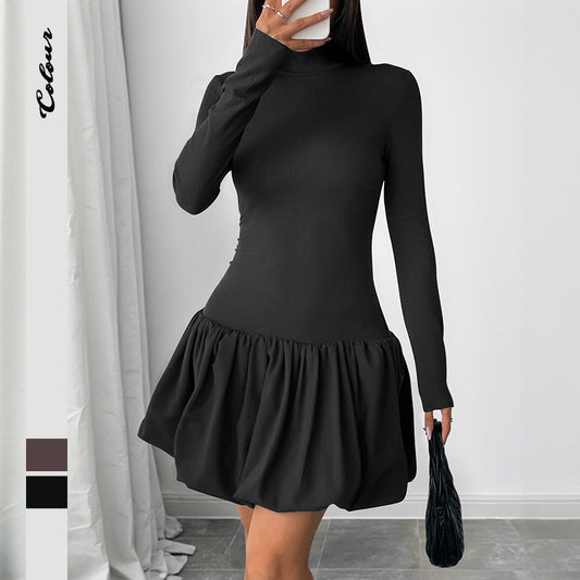 Simple Elegant Basic Turtleneck Long Sleeve Solid Color Dress