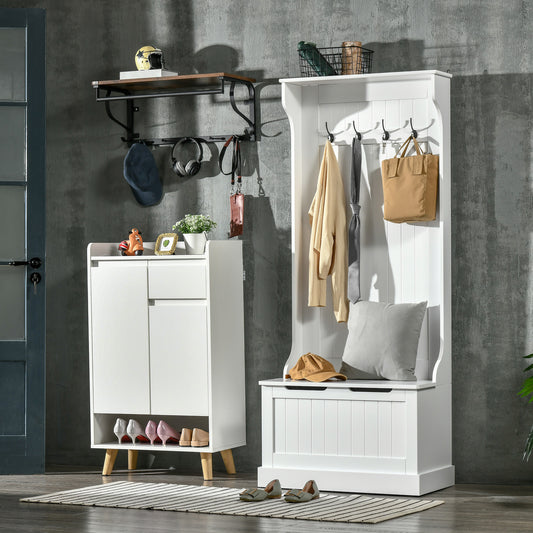Entryway Hall Tree With Coat Rack, Sitting Bench, Storage, And Hooks, Mudroom Bench, White