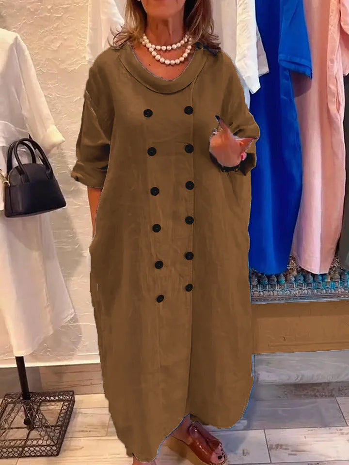 Solid Color Holiday Leisure Button Artistic Style Fashion Cotton And Linen Dress