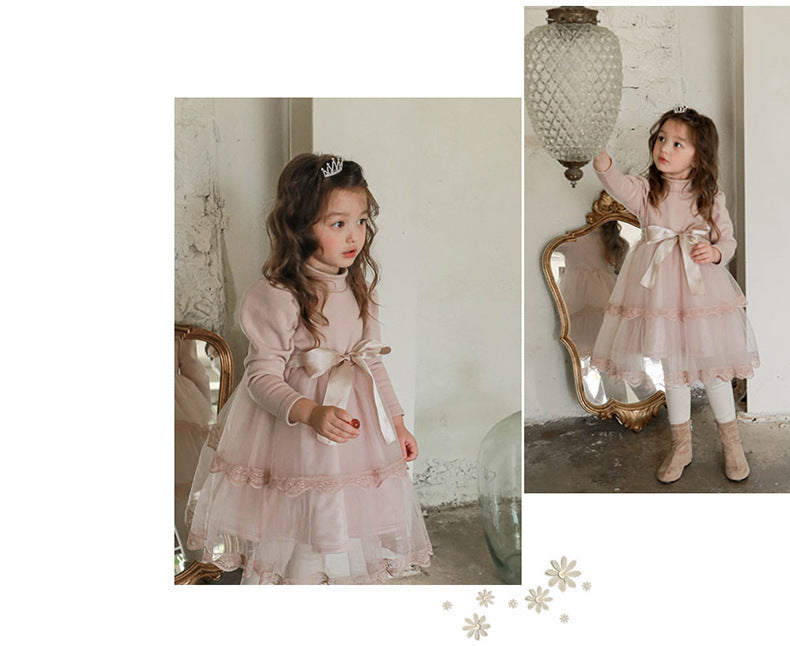 Girls Bow Thickened Plus Velvet Princess Dress