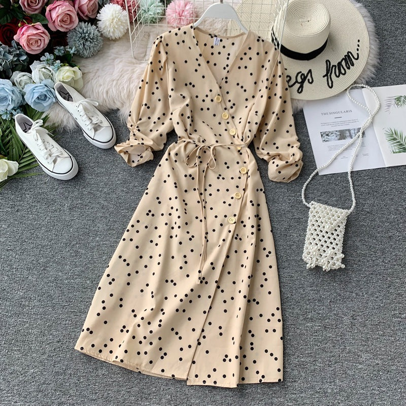 Polka dot lace chiffon dress over the knee midi skirt