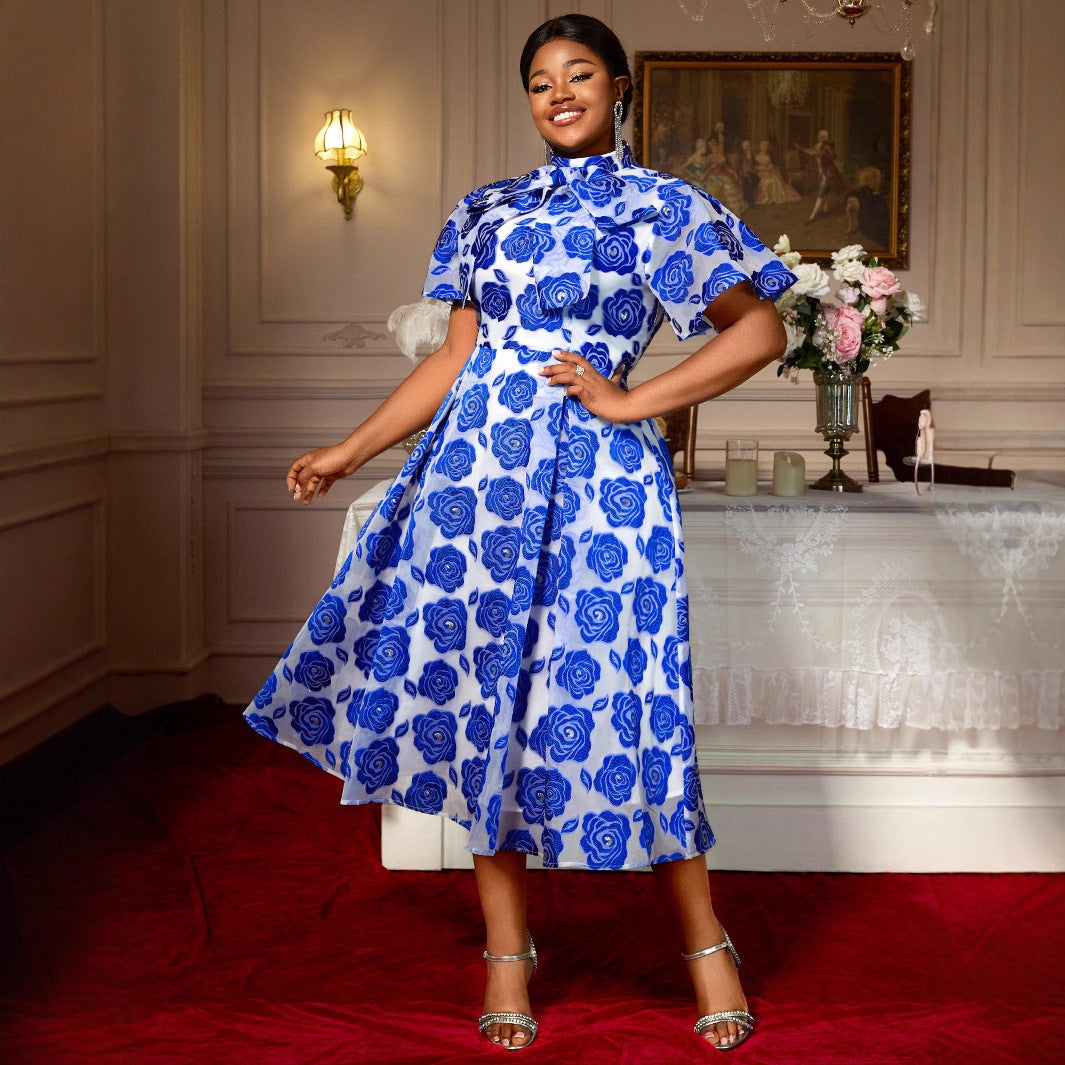 Half Turtleneck A- Line Tie Neckline Strap Bow Blue Embossed Dress