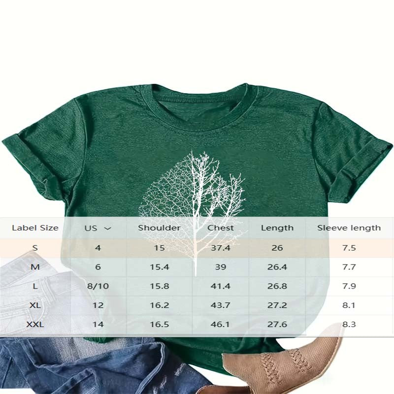 Women's Leaf Vein Print T-Shirt Nature Style Casual Short Sleeve Crew Neck Summer Top