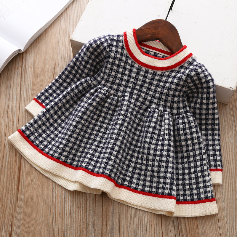 Girls' Plaid Knitted Children's Baby Sweater Shirt Dress