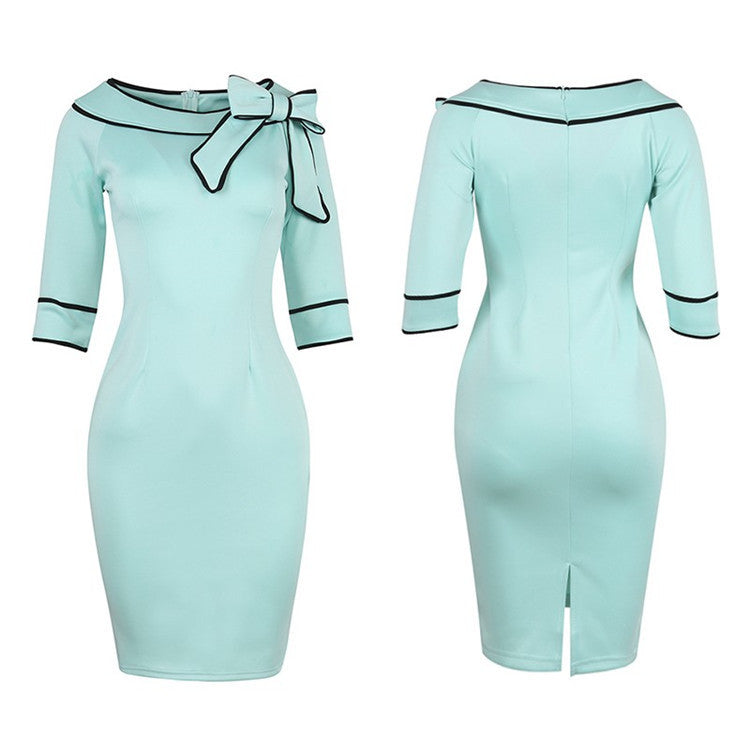 One word neck big bow pencil dress