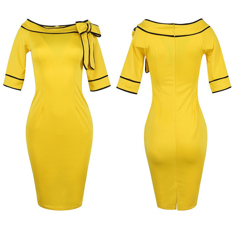 One word neck big bow pencil dress