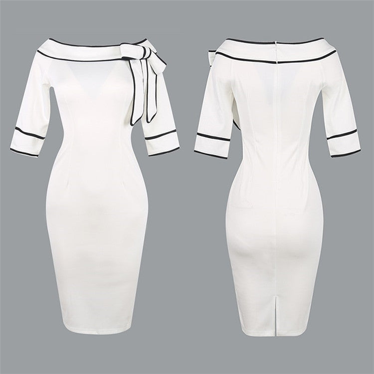 One word neck big bow pencil dress