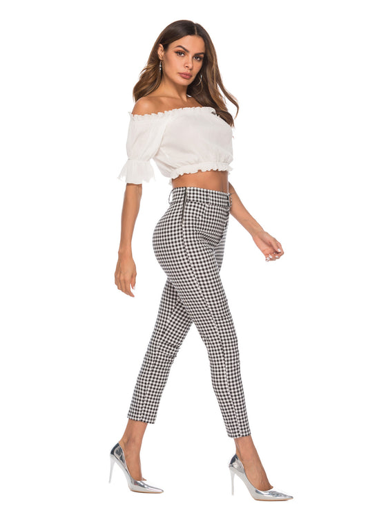 Women's high-waist checked slim pencil-leg pants