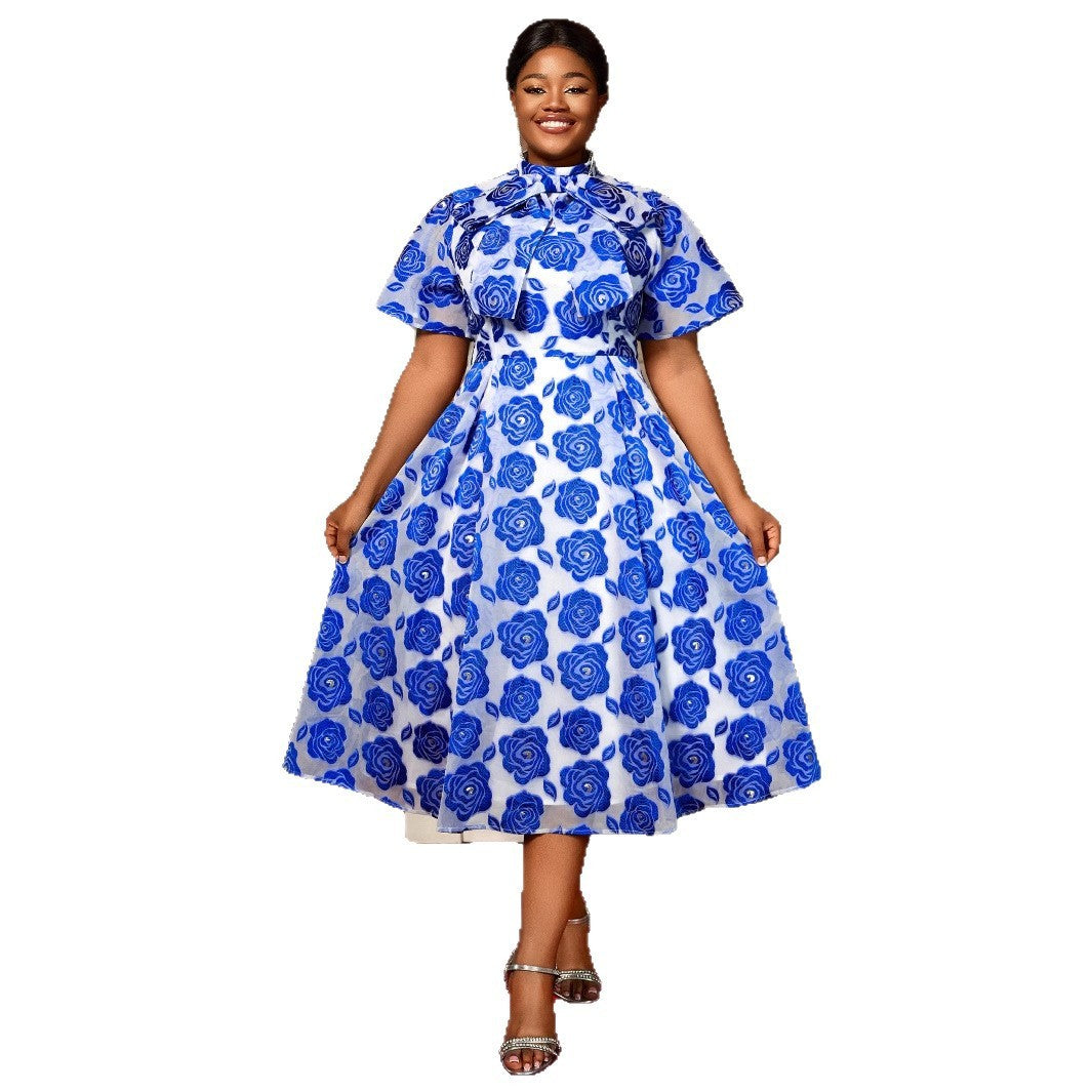 Half Turtleneck A- Line Tie Neckline Strap Bow Blue Embossed Dress