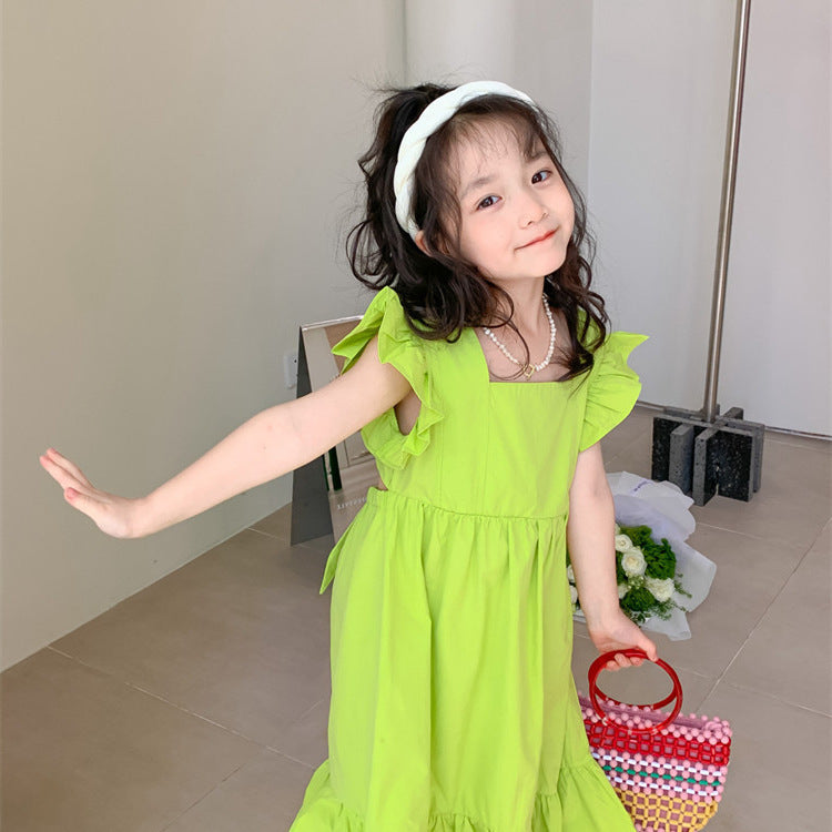 Girls Backless Bow Dress Flounced Sleeve Ruffles