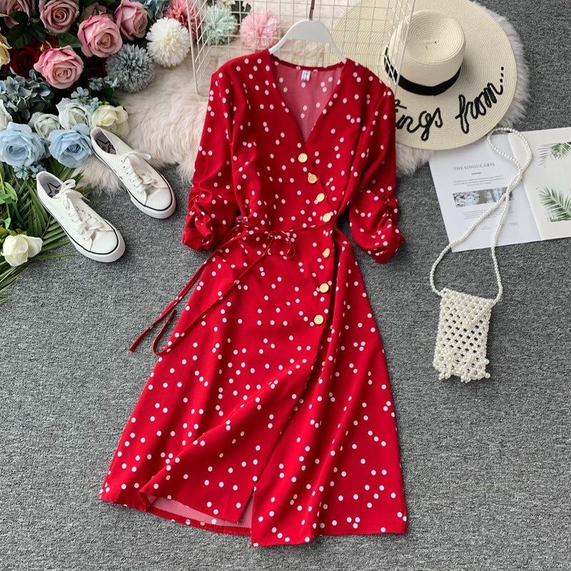 Polka dot lace chiffon dress over the knee midi skirt