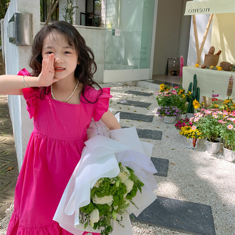 Girls Backless Bow Dress Flounced Sleeve Ruffles