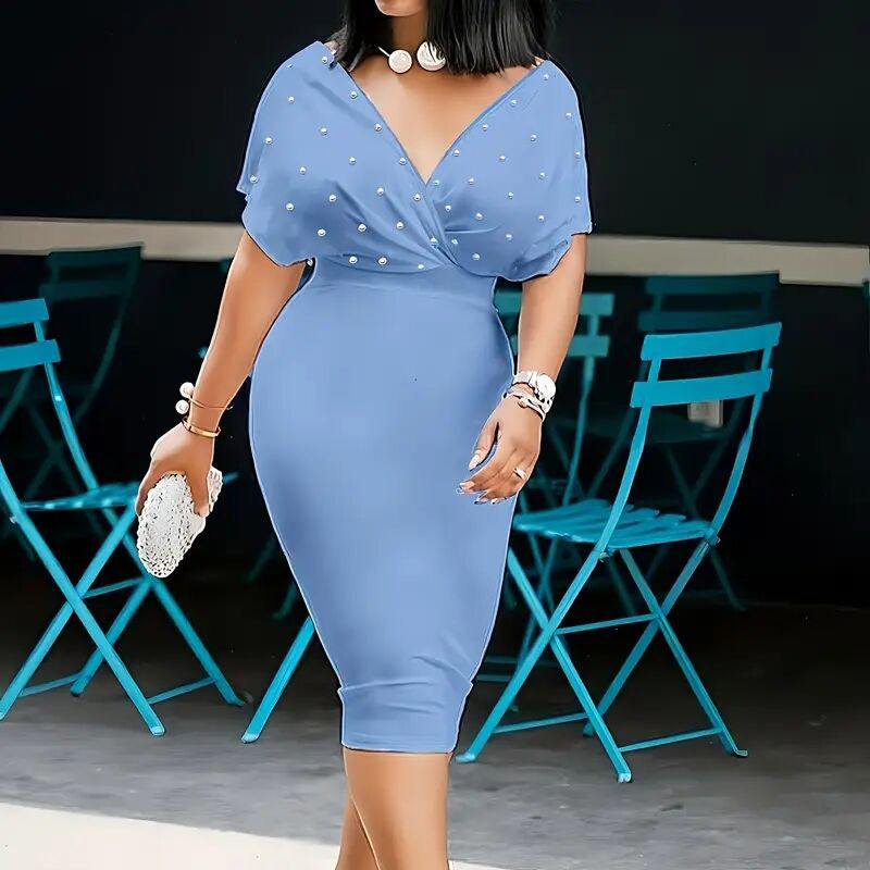 Women's Elegant Deep V Neck Wrap Bodycon Dress Back Zipper Pencil Midi Dress