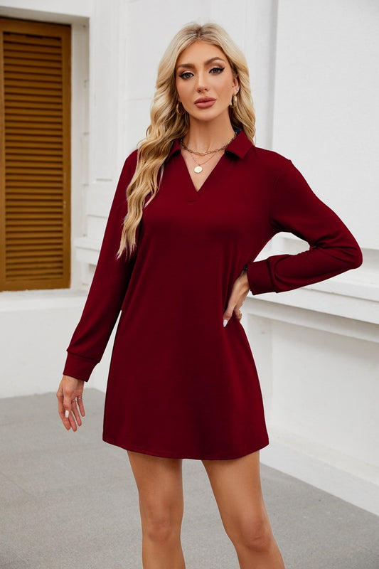 Lapel Long Sleeve Casual Solid Color Sports Sweatshirt Dress