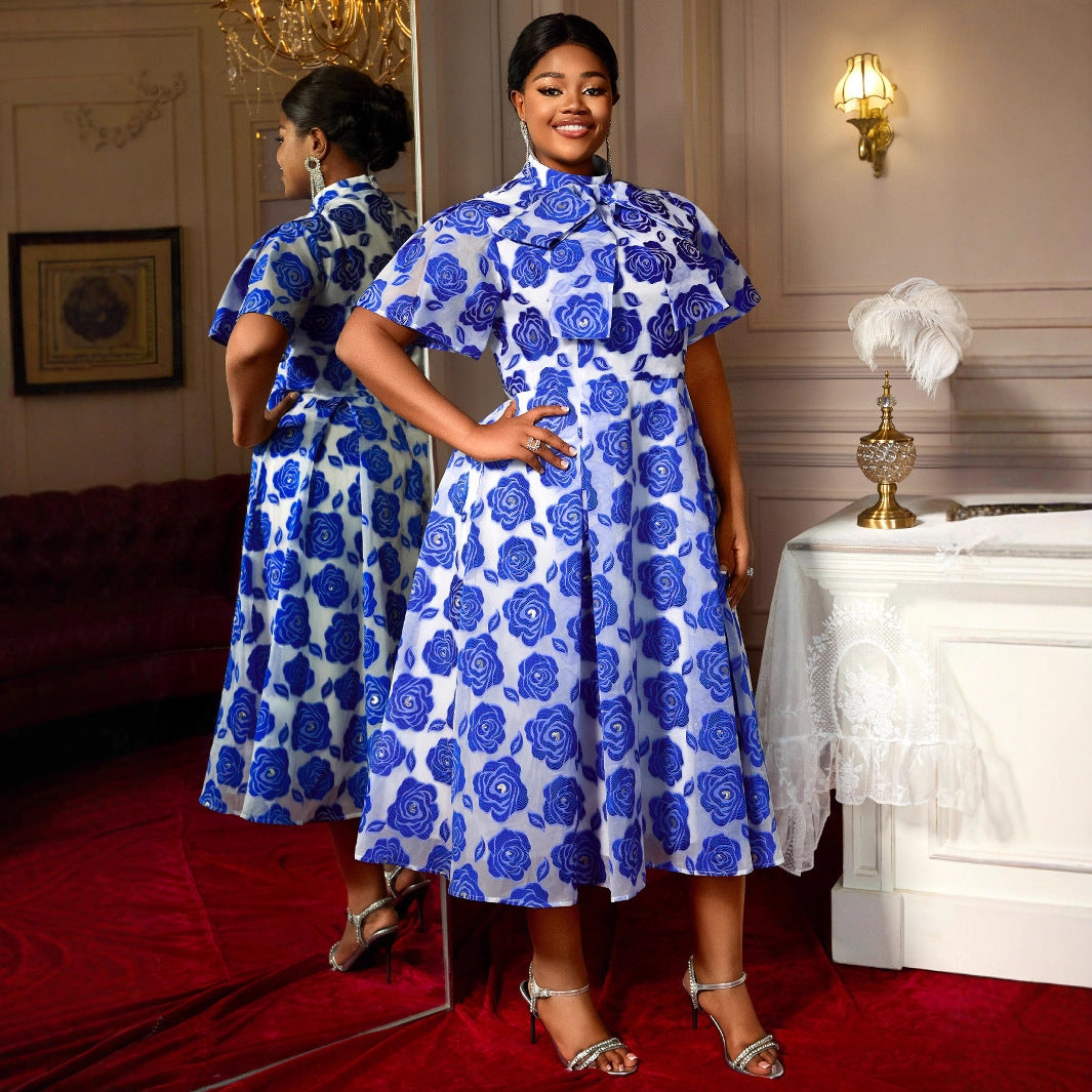 Half Turtleneck A- Line Tie Neckline Strap Bow Blue Embossed Dress