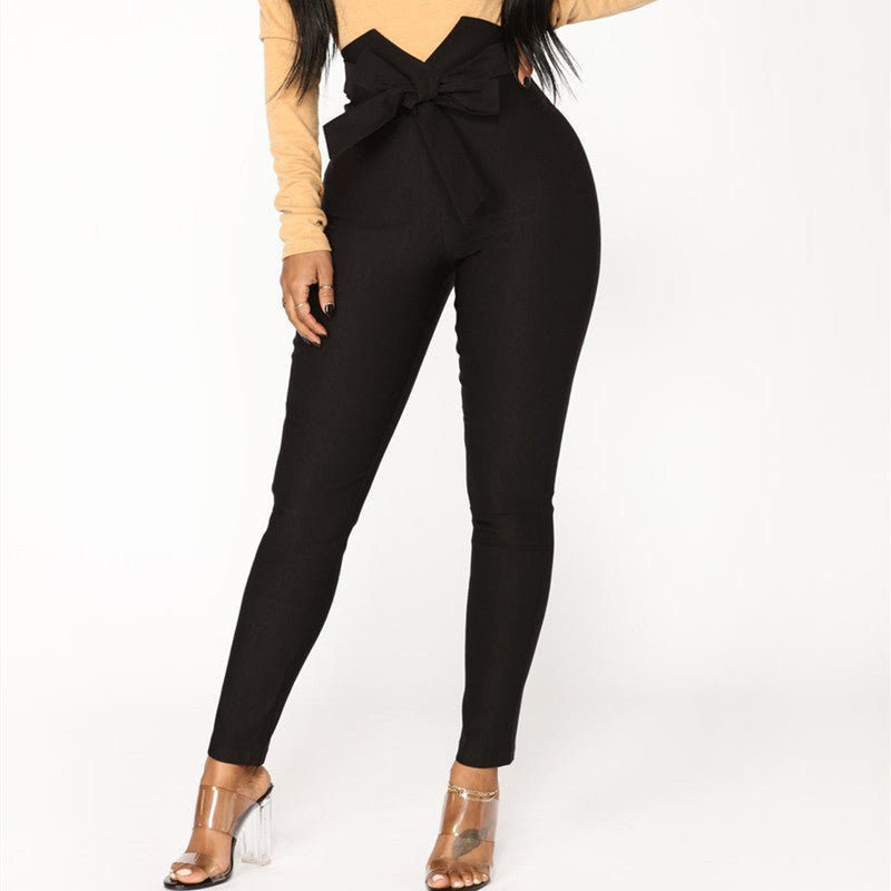 Elastic high waist lace-up casual pencil pants