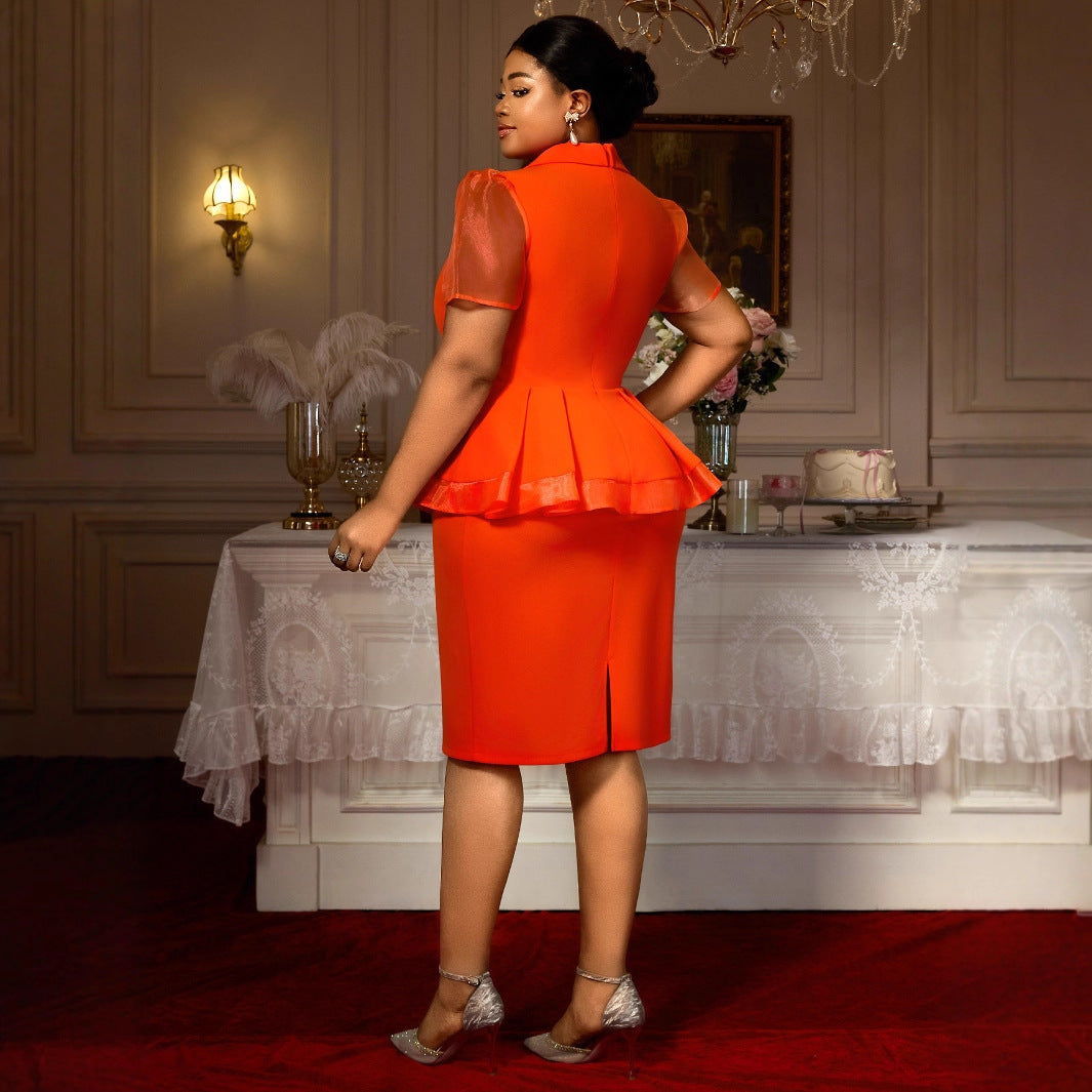 Ruffled Slimming Elegant Lapel Design Waist-tight Dress