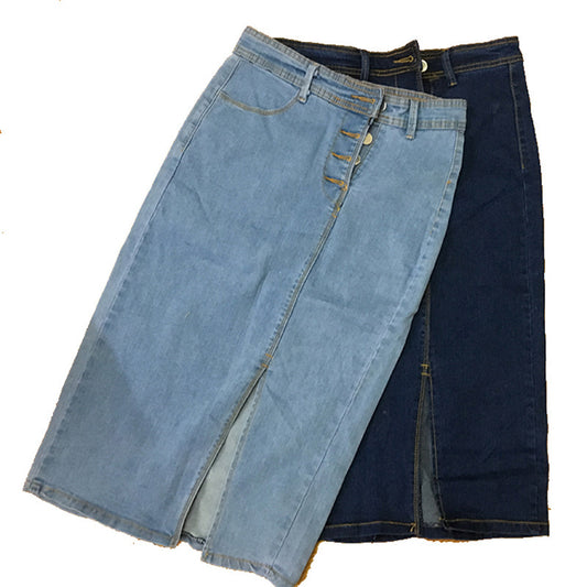 Solid color buttoned split denim midi skirt