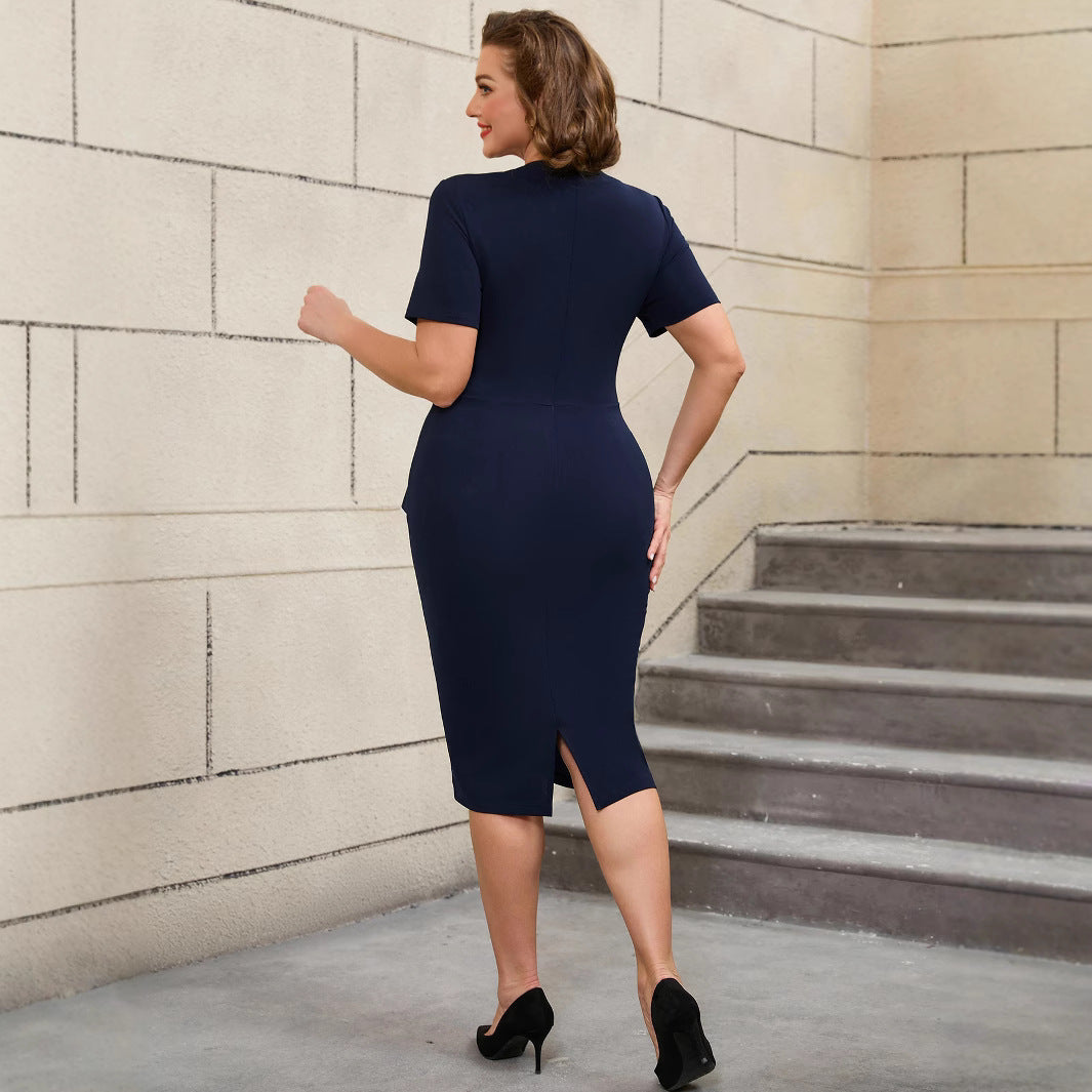 Round Neck Fashion Temperament Sheath Belt Buckle Ruffled Slimming Dress