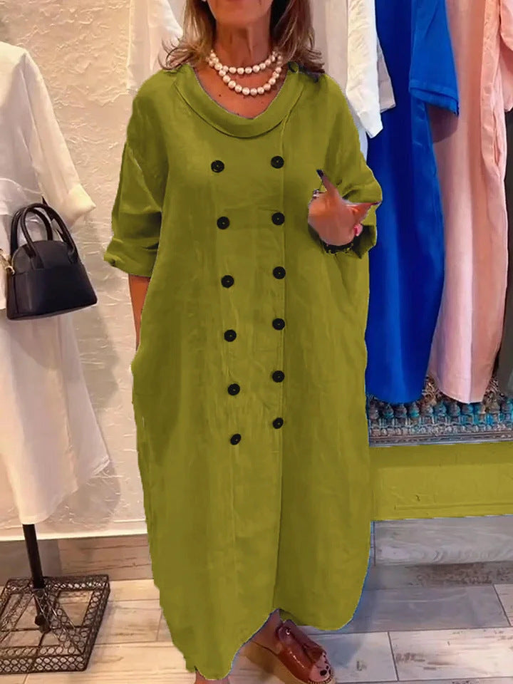 Solid Color Holiday Leisure Button Artistic Style Fashion Cotton And Linen Dress