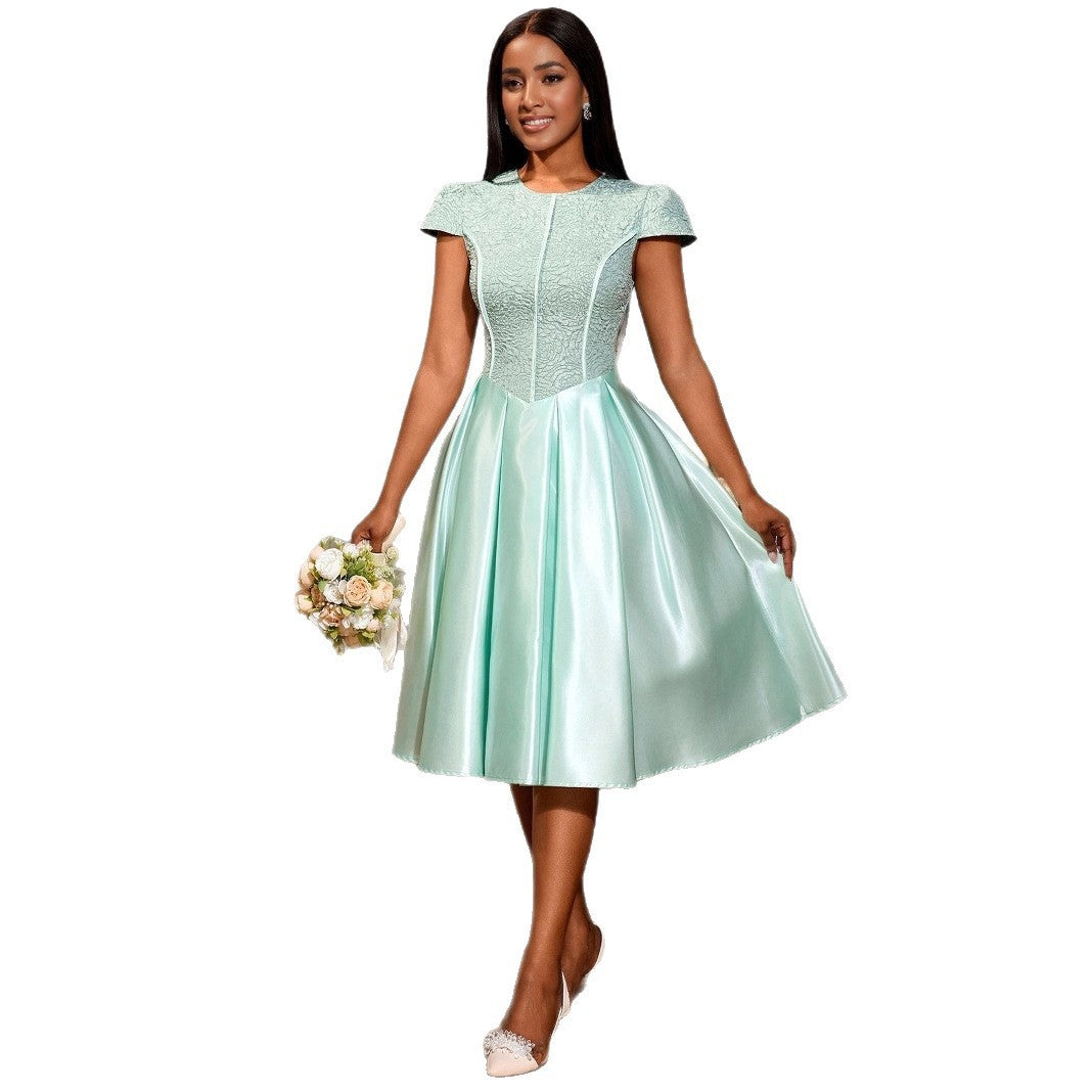 Summer Round Neck Rose Jacquard Bridesmaid Dress