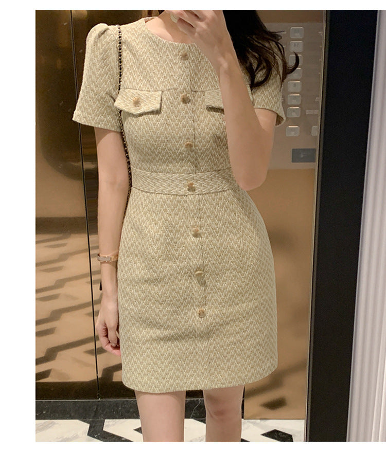Short Sleeve Round Neck Waist Pack Hip Midi Dress