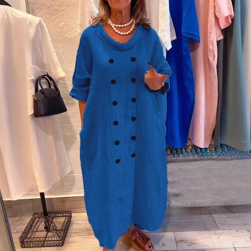Solid Color Holiday Leisure Button Artistic Style Fashion Cotton And Linen Dress