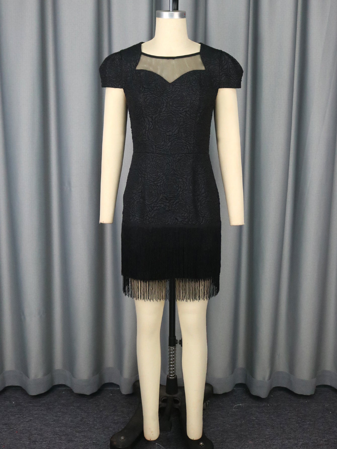 Hollow Lace Black Round Neck Dress