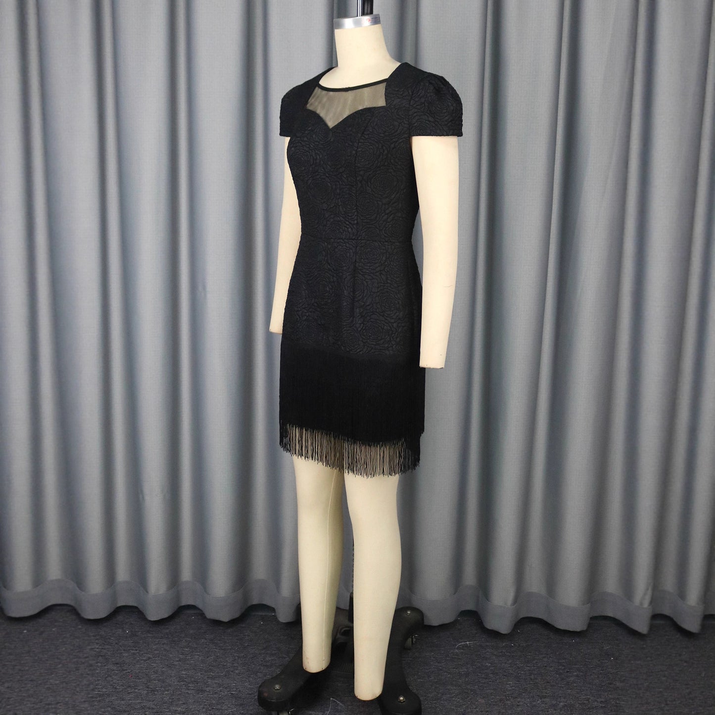 Hollow Lace Black Round Neck Dress