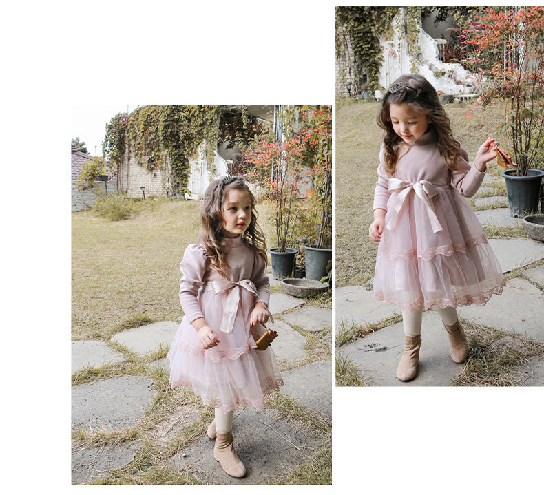 Girls Bow Thickened Plus Velvet Princess Dress