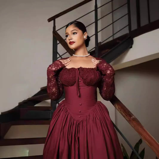 European And American Square Collar Lace Long Sleeve Puffy Midi Dress Tight Waist Solid Color Dress
